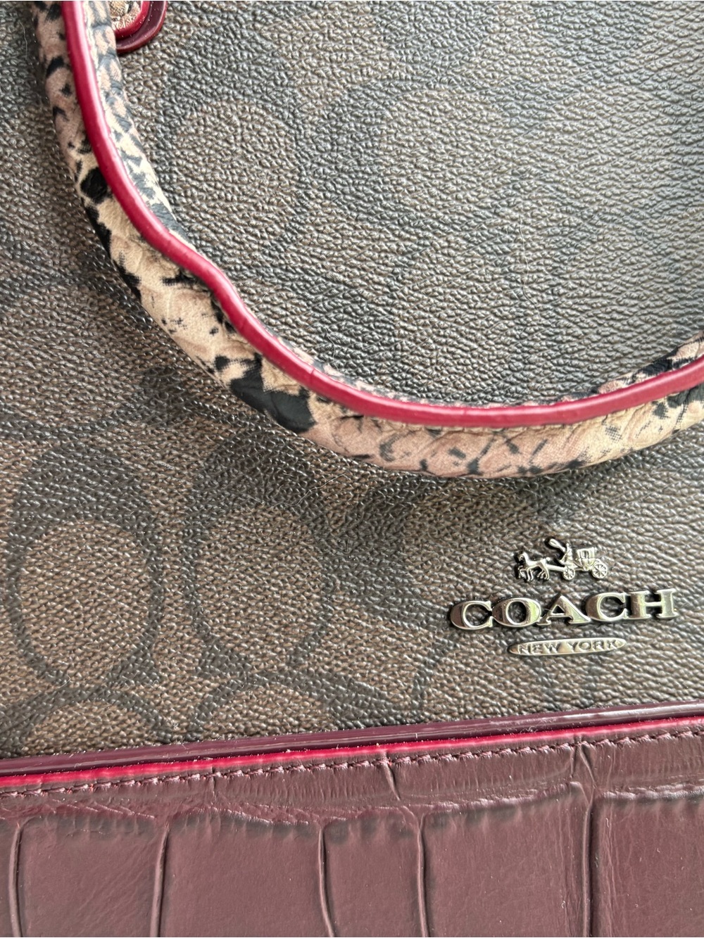 NWT Coach Sierra Burgundy and Brown Signature Dome Satchel with Mixed ExoticTrim - Picture 12 of 16